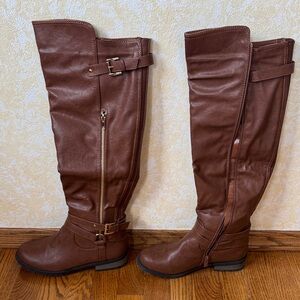 Women's Over-The-Knee Brown Riding Boots with Buckle and Side Zip